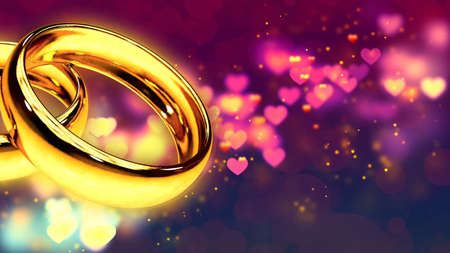 Background with two gold rings 3D renderingの写真素材