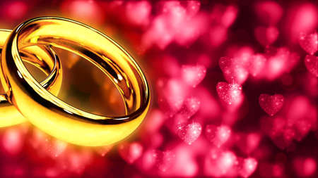 Background with two gold rings 3D renderingの写真素材