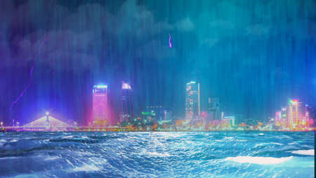 Thunderstorm with rain and lightning in night city 3D renderingの写真素材