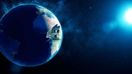Alien spacecraft flies past Earth 3D renderingの写真素材