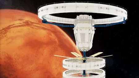Space station flies around the planet Mars.