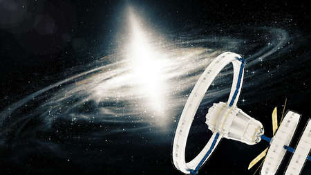 Space station flies around the Galaxy. 3d renderingの写真素材