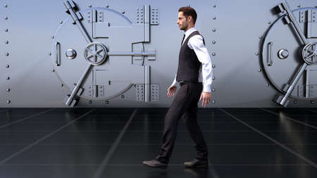 A young businessman goes by the safe in the Bank. 3D renderingの写真素材
