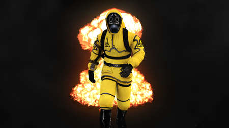 A man in a protective suit walks against the background of smoke and explosions. 3D renderingの写真素材