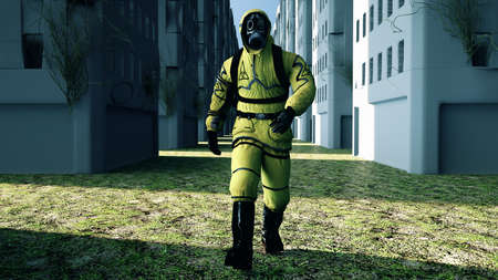 Man in protective hazmat walking in a deserted city. 3D renderingの写真素材