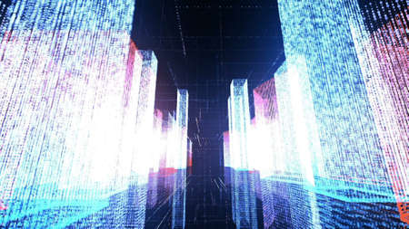 Flying Over the Digital City in business and telecommunication internet network. 3D rendering.