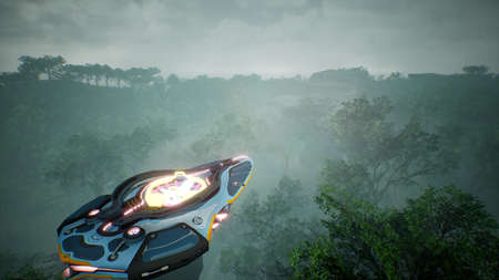 A spaceship flying over an unknown green planet. A futuristic concept of a UFO. 3D rendering.の写真素材