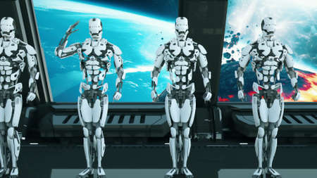 Robots soldiers on a spaceship salute against the background of space and planets.の写真素材