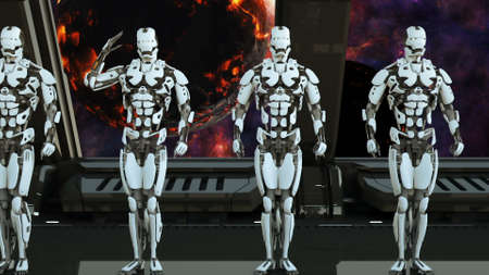 Robots soldiers on a spaceship salute against the background of space and planets.の写真素材