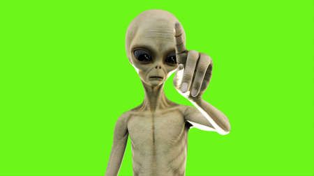 Alien presses the button on green screen. 3D Rendering.の写真素材