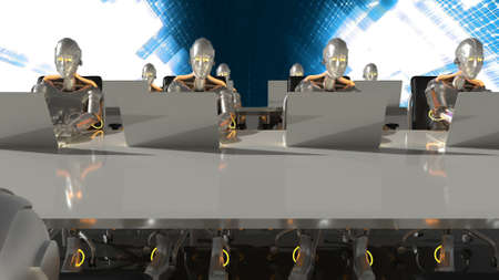 Cyborgs of the future work in sci-fi office on computers. 3D Rendering.の写真素材