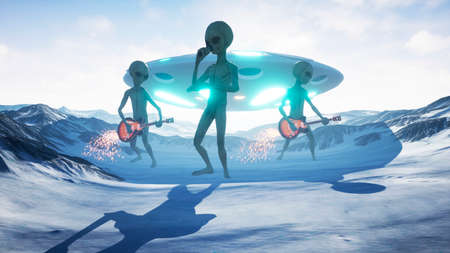 Aliens sing and play guitars on their home snow planet. 3D Rendering.