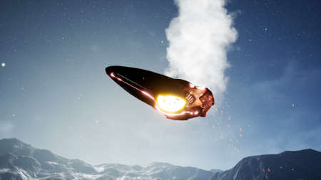 A spaceship in distress lands on a foreign planet. 3D Rendering.