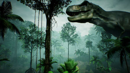 T Rex Tyrannosaur Dinosaur animation in jungle. realistic render. 3D Rendering.の写真素材