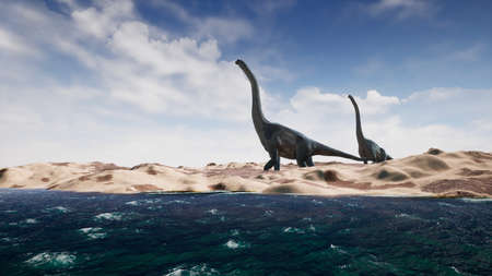 Dinosaurs in prehistoric period on sand landscape. 3D Rendering.の写真素材