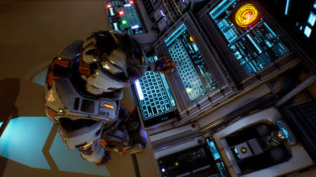 Astronaut of the future presses the keys on sci-fi screen. Realistic motion background. 3D Rendering