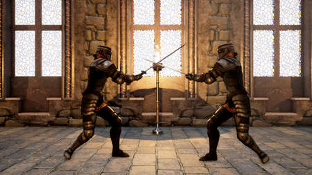 Two knights in medieval armor fight each other with swords. 3D Rendering