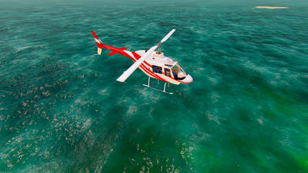 Helicopter flying over the pacific ocean on a sunny day. 3D Renderingの写真素材