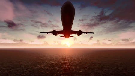The plane flies over the Pacific ocean at sunrise. 3D Rendering