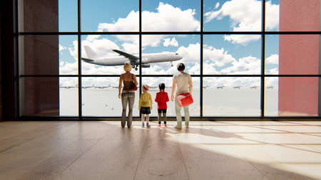 Happy family in airport near window looking on airplanes and waiting for time of flight at sunrise. 3D Renderingの写真素材