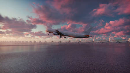 Plane takes off at sunset background. 3D Rendering