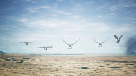 Dragons flying over vast desert. 3D Renderingの写真素材