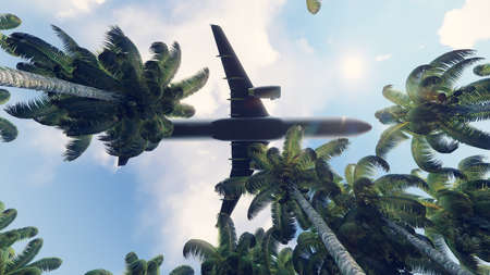 Passenger plane flies over the green jungle at sunrise. 3D Rendering