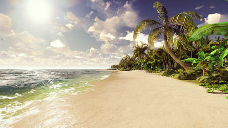 Palm trees on a tropical island with blue ocean and white beach on a Sunny day. 3D Renderingの写真素材