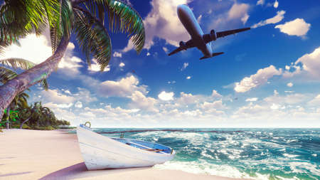A passenger plane flies over an exotic tropical island in the blue ocean. 3D Rendering.の写真素材