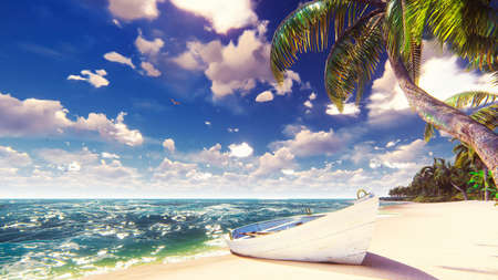 Palm trees on a tropical island with blue ocean, old boat and white beach on a Sunny day. Beautiful summer scene. 3D Rendering.の写真素材
