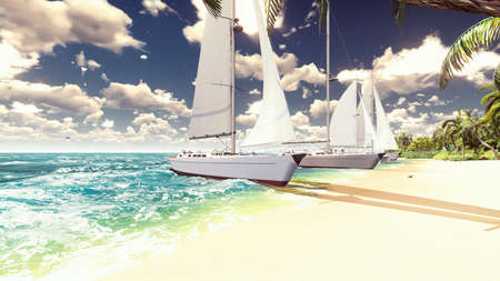 Sailboats on the beach of a desert island in the beautiful blue ocean. 3D Rendering.の写真素材