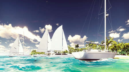 Sailboats on the beach of a desert island in the beautiful blue ocean. 3D Rendering.の写真素材