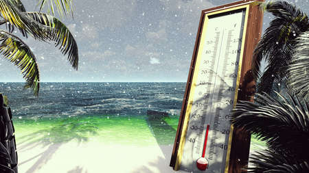 Thermometer Fahrenheit Celsius shows lowering temperature. The concept of global cooling. 3D...