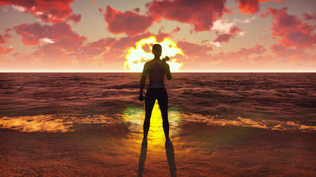 Sportswoman doing sports on the ocean at sunrise. Beautiful summer background. 3D Renderingの写真素材
