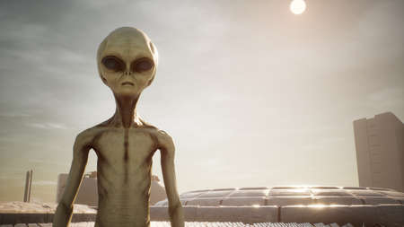 Alien returns to base after inspecting solar panels. Super realistic concept. 3D Renderingの写真素材