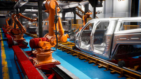 Car welding line of conveyor with frameworks of unfinished cars and robots welders. 3D Renderingの写真素材