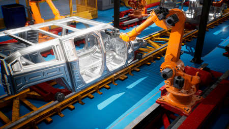 Car welding line of conveyor with frameworks of unfinished cars and robots welders. 3D Renderingの写真素材