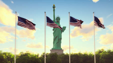 The American flags flutters in the wind on a sunrise against the blue sky and the Statue of Liberty....