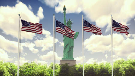 The American flags flutters in the wind on a Sunny day against the blue sky and the Statue of Liberty. 3D Renderingの写真素材