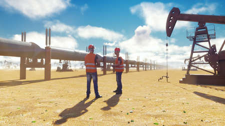Oilmans talking near the pipeline on a Sunny day on the background of oil pumps. 3D Renderingの写真素材