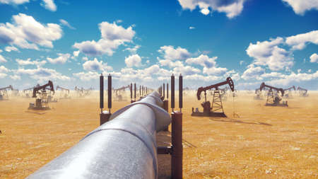 Pump Jack and pipeline for oil on a Sunny day. Pipeline transportation oil. 3D Renderingの写真素材