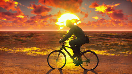 Silhouette of man with bicycle on the seashore. Man on a bicycle on the beach against the ocean, the sky, during sunset. Beautiful summer background. 3D Renderingの写真素材