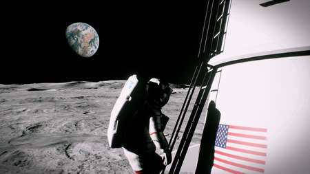 The astronaut climbs the stairs and returns to the moon lander. 3D Renderingの写真素材