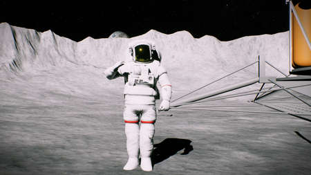 Astronaut on the moon in the crater near the lander salutes. 3D Renderingの写真素材
