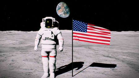 Astronaut on the moon near the us flag salutes. 3D Renderingの写真素材