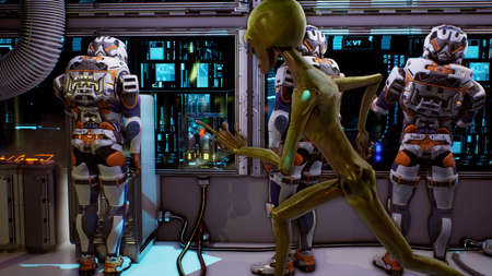 The astronauts in the dashboard of the spaceship, past the soldiers ran in pursuit of the alien. Super realistic concept.の写真素材