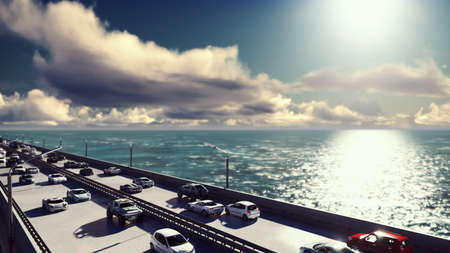 The camera flies over the bridge with heavy traffic. Cars go on the bridge in the afternoon. 3D Renderingの写真素材
