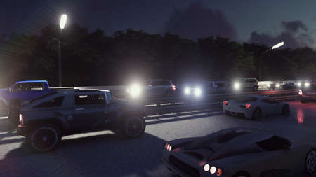Cars with lights on go through the city at night. Night cars lights and heavy traffic. 3D Renderingの写真素材