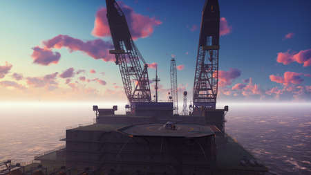 Oil platform, offshore platform, or offshore drilling rig in sea at sunrise. 3D Renderingの写真素材