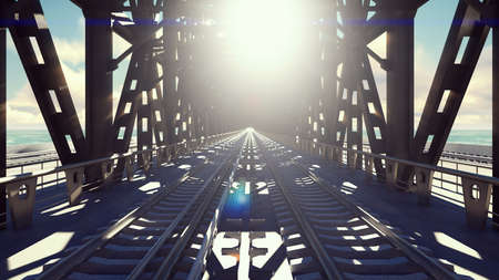 Railway bridge on a Sunny day against the blue sky and the sea. 3D Renderingの写真素材